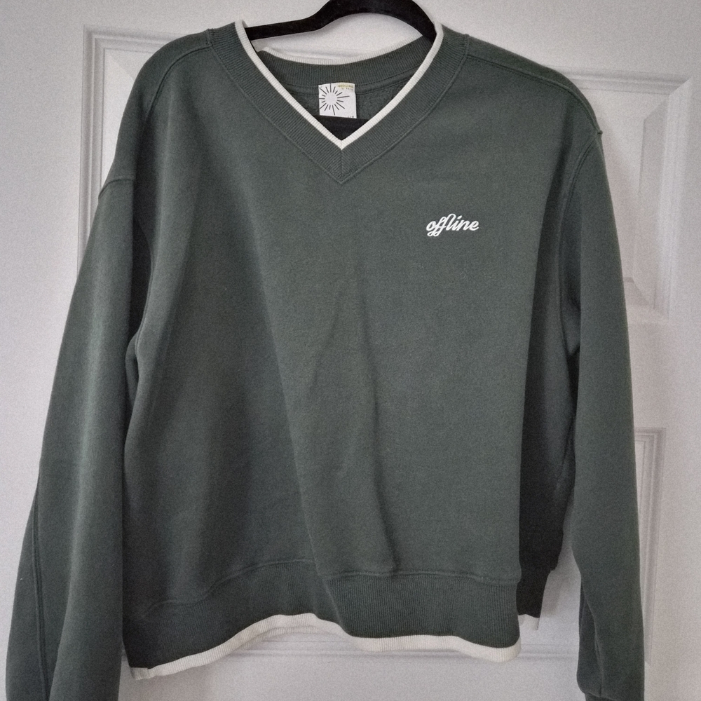 aerie Olive Green Crewneck Sweatshirt with Cream Trim